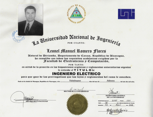 Diploma Ingeniero Leonel Romero
